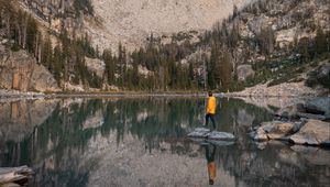 Preview wallpaper mountains, lake, trees, man, alone, nature