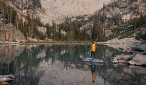 Preview wallpaper mountains, lake, trees, man, alone, nature