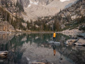 Preview wallpaper mountains, lake, trees, man, alone, nature