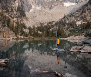 Preview wallpaper mountains, lake, trees, man, alone, nature