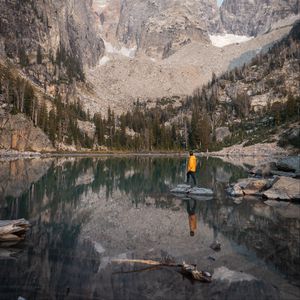 Preview wallpaper mountains, lake, trees, man, alone, nature