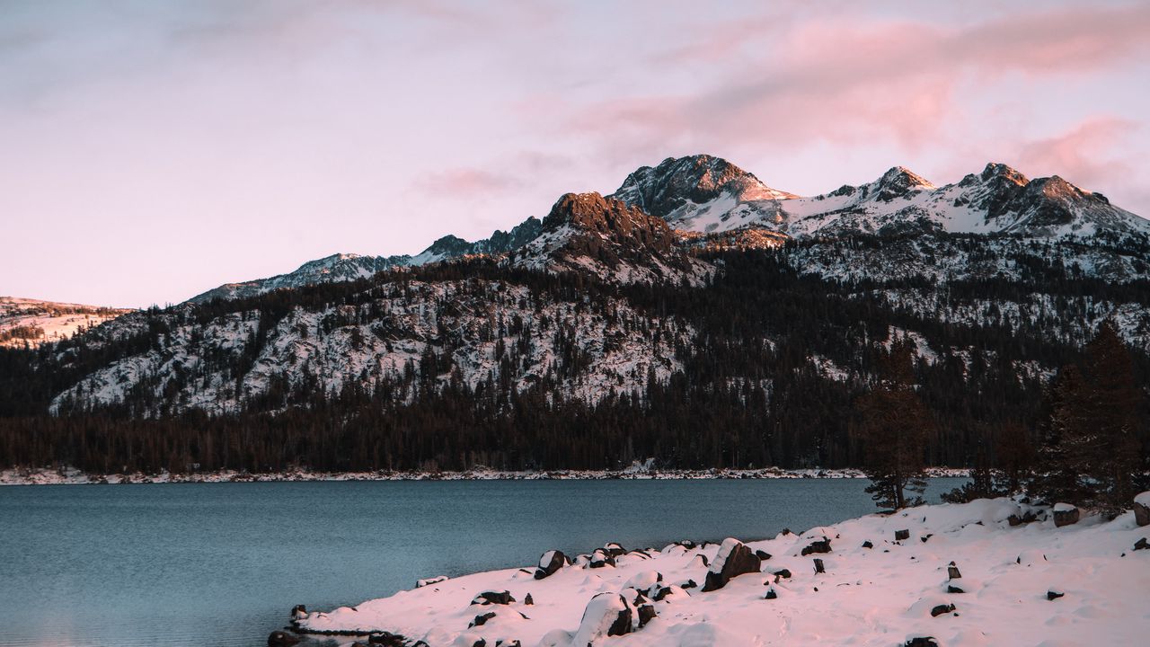 Wallpaper mountains, lake, trees, snow, nature