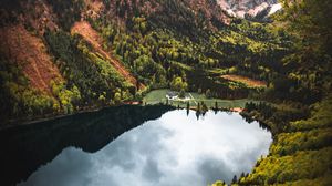 Preview wallpaper mountains, lake, trees, house, landscape