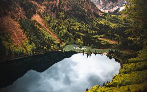 Preview wallpaper mountains, lake, trees, house, landscape