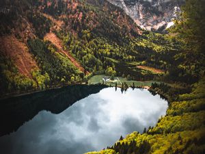 Preview wallpaper mountains, lake, trees, house, landscape