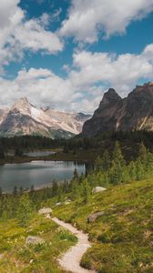 Preview wallpaper mountains, lake, trees, path, landscape, nature