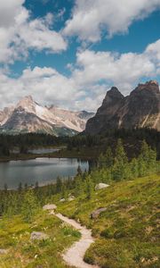 Preview wallpaper mountains, lake, trees, path, landscape, nature