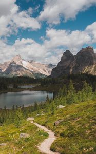 Preview wallpaper mountains, lake, trees, path, landscape, nature