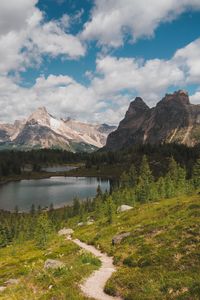 Preview wallpaper mountains, lake, trees, path, landscape, nature