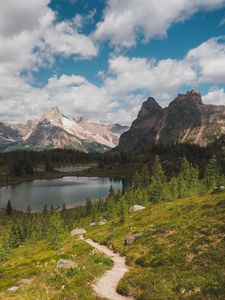 Preview wallpaper mountains, lake, trees, path, landscape, nature