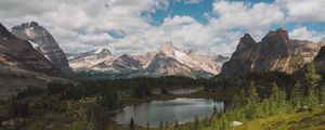 Preview wallpaper mountains, lake, trees, path, landscape, nature