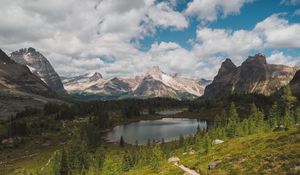 Preview wallpaper mountains, lake, trees, path, landscape, nature