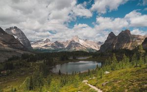 Preview wallpaper mountains, lake, trees, path, landscape, nature