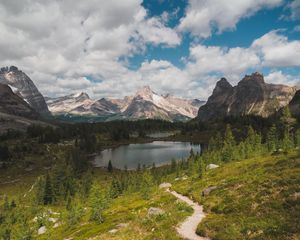 Preview wallpaper mountains, lake, trees, path, landscape, nature