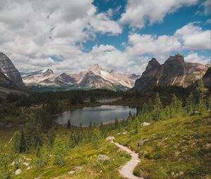Preview wallpaper mountains, lake, trees, path, landscape, nature