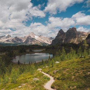 Preview wallpaper mountains, lake, trees, path, landscape, nature