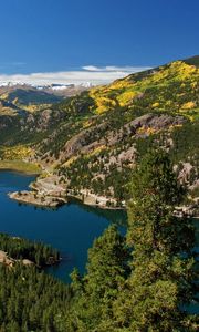 Preview wallpaper mountains, lake, trees, wood, relief, landscape, from above, clearly, sky, blue