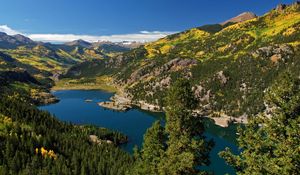 Preview wallpaper mountains, lake, trees, wood, relief, landscape, from above, clearly, sky, blue