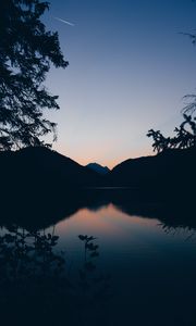 Preview wallpaper mountains, lake, twilight, reflection, horizon, branches