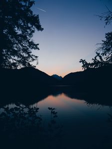 Preview wallpaper mountains, lake, twilight, reflection, horizon, branches