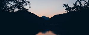 Preview wallpaper mountains, lake, twilight, reflection, horizon, branches