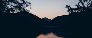 Preview wallpaper mountains, lake, twilight, reflection, horizon, branches