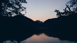 Preview wallpaper mountains, lake, twilight, reflection, horizon, branches