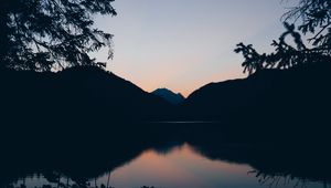 Preview wallpaper mountains, lake, twilight, reflection, horizon, branches