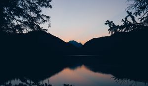 Preview wallpaper mountains, lake, twilight, reflection, horizon, branches
