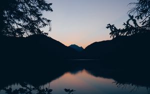 Preview wallpaper mountains, lake, twilight, reflection, horizon, branches