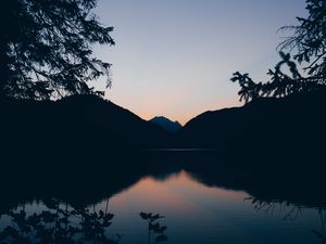 Preview wallpaper mountains, lake, twilight, reflection, horizon, branches