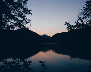 Preview wallpaper mountains, lake, twilight, reflection, horizon, branches