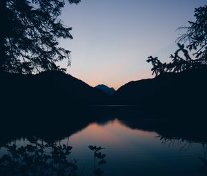 Preview wallpaper mountains, lake, twilight, reflection, horizon, branches