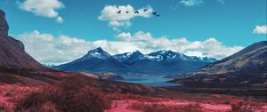 Preview wallpaper mountains, lake, valley, birds, landscape