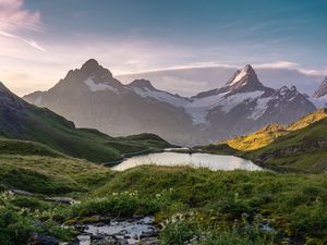 Preview wallpaper mountains, lake, valley, greenery, landscape