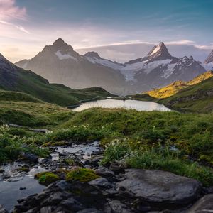 Preview wallpaper mountains, lake, valley, greenery, landscape