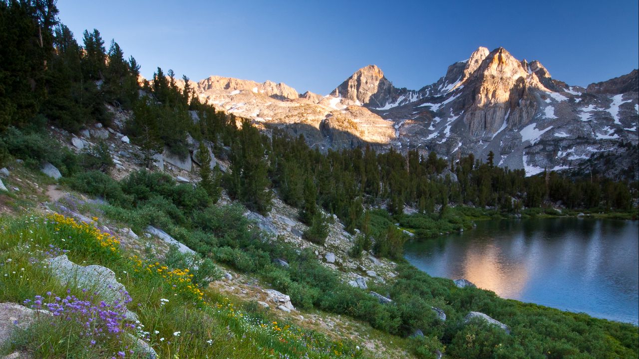 Wallpaper mountains, lake, valley, grass, flowers, landscape