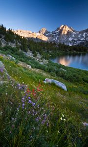 Preview wallpaper mountains, lake, valley, grass, flowers, landscape