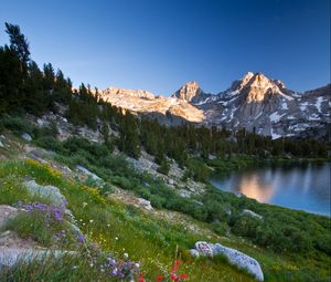 Preview wallpaper mountains, lake, valley, grass, flowers, landscape