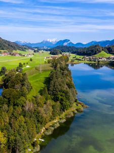 Preview wallpaper mountains, lake, valley, houses, landscape