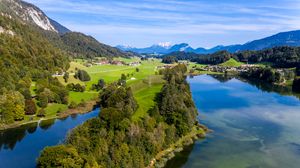 Preview wallpaper mountains, lake, valley, houses, landscape