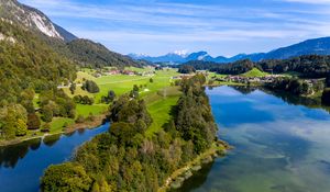 Preview wallpaper mountains, lake, valley, houses, landscape