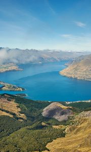 Preview wallpaper mountains, lake, view from above, clouds, new zealand