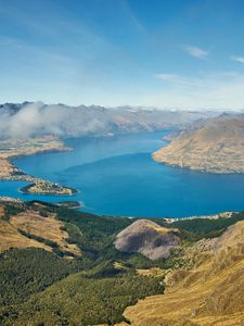 Preview wallpaper mountains, lake, view from above, clouds, new zealand