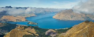 Preview wallpaper mountains, lake, view from above, clouds, new zealand