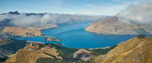 Preview wallpaper mountains, lake, view from above, clouds, new zealand