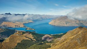 Preview wallpaper mountains, lake, view from above, clouds, new zealand