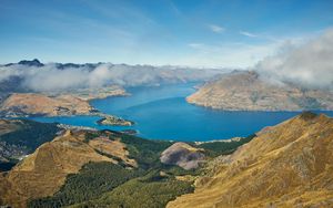 Preview wallpaper mountains, lake, view from above, clouds, new zealand