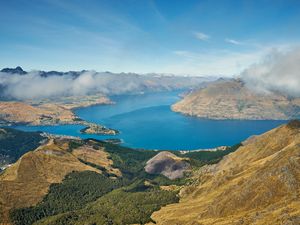 Preview wallpaper mountains, lake, view from above, clouds, new zealand