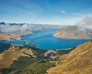 Preview wallpaper mountains, lake, view from above, clouds, new zealand